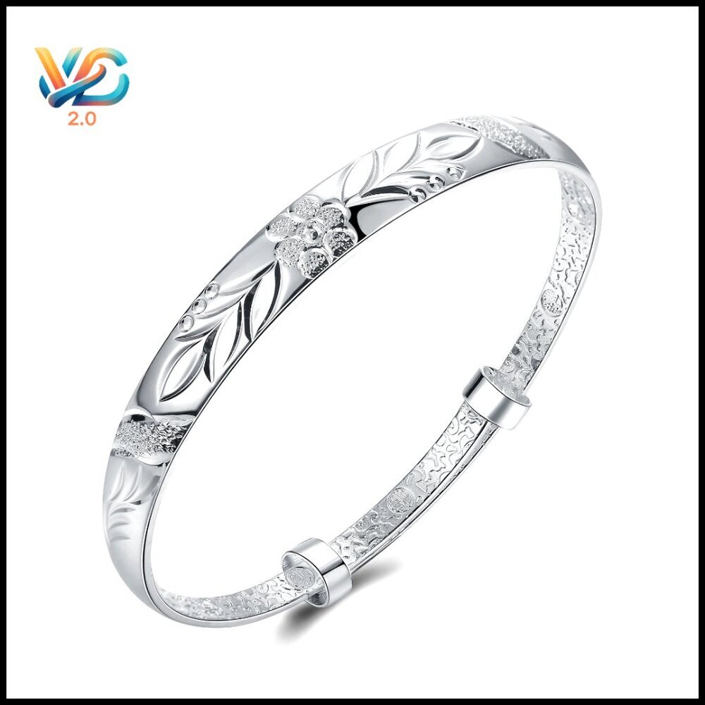 Sterling Silver Bangle Bracelet Elegant Modern Wedding Gift Fu Flower Carved